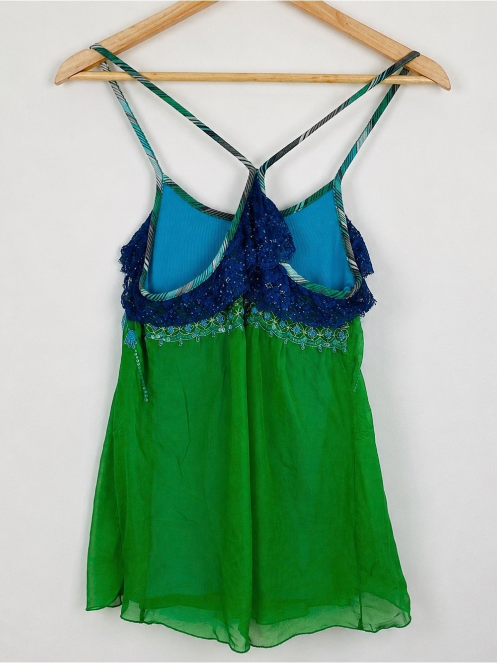 Vintage Y2K Free People Green Silk Beaded Sequin Lace Cami Top S - Picture 5 of 9